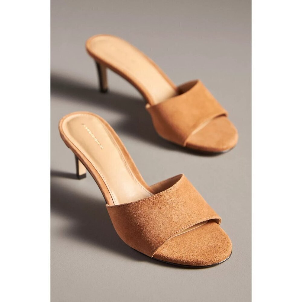 By Anthropologie Open-Toe Leather Kitten Heels Camel Beige 41/10